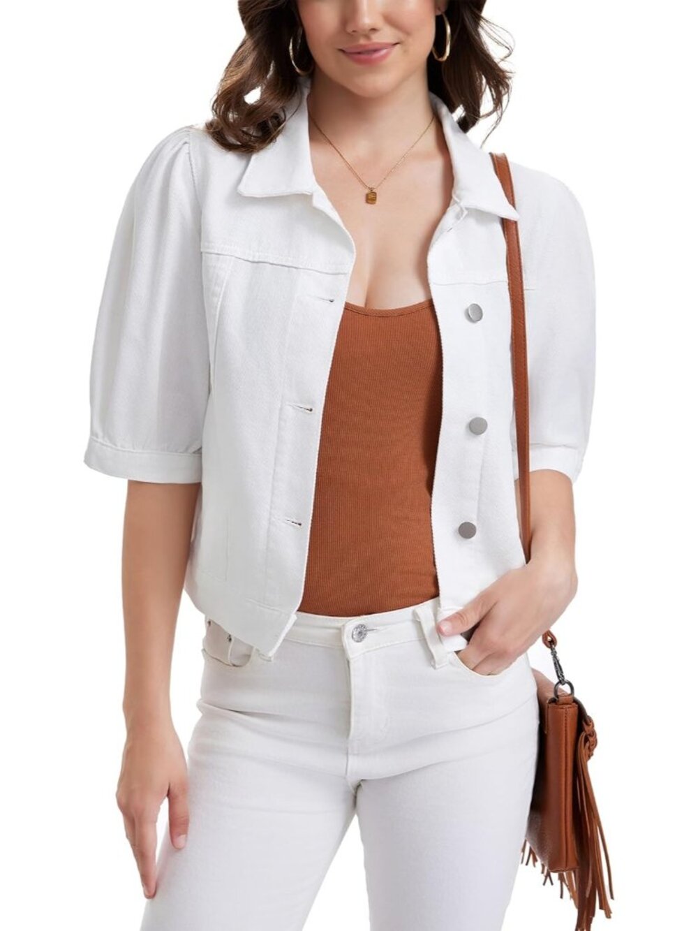 Women's White Cropped Short Puff Sleeve Trendy Denim Jackets with Pockets - Picture 1 of 6